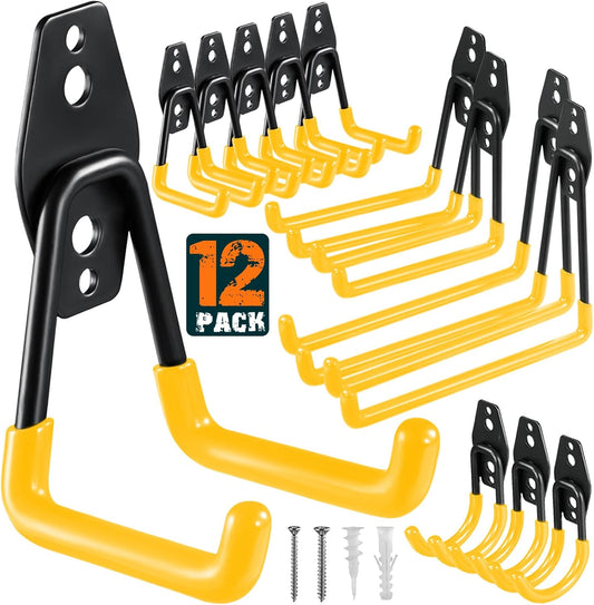 12 Pack Garage Hooks Heavy Duty Utility Steel with Anti-Slip Coating Wall Mount Storage Organizer for Hanging Power and Garden Tools, Ladders, Hose, Bikes, Ropes, Bulk Items, and More-VerdiqueGarden