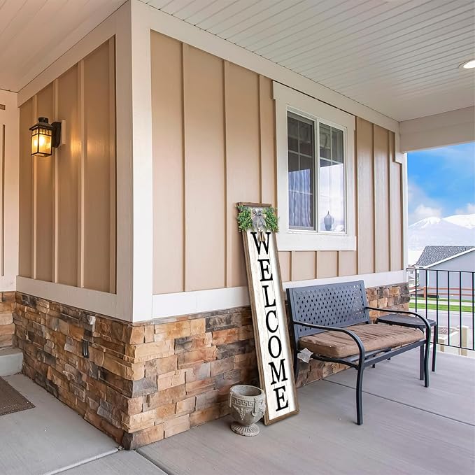 Surfapans Welcome Sign for Front porch Standing 45"X9"Large Wood Frame Outdoor Tall Welcome Signs Vertical Decor for Farmhouse Rustic Home Modern Outside Front Door Wall Decorations (Wood White)-VerdiqueGarden