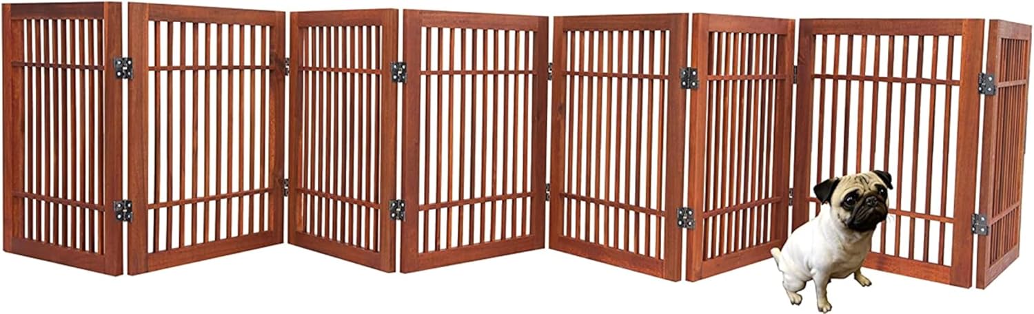 Urnporium Freestanding Pet Gate Folding Wooden Fence for Indoor & Outdoor Use, Durable Acacia Hardwood (Brown Pet Gate, 8 Panel 24" Tall)-VerdiqueGarden