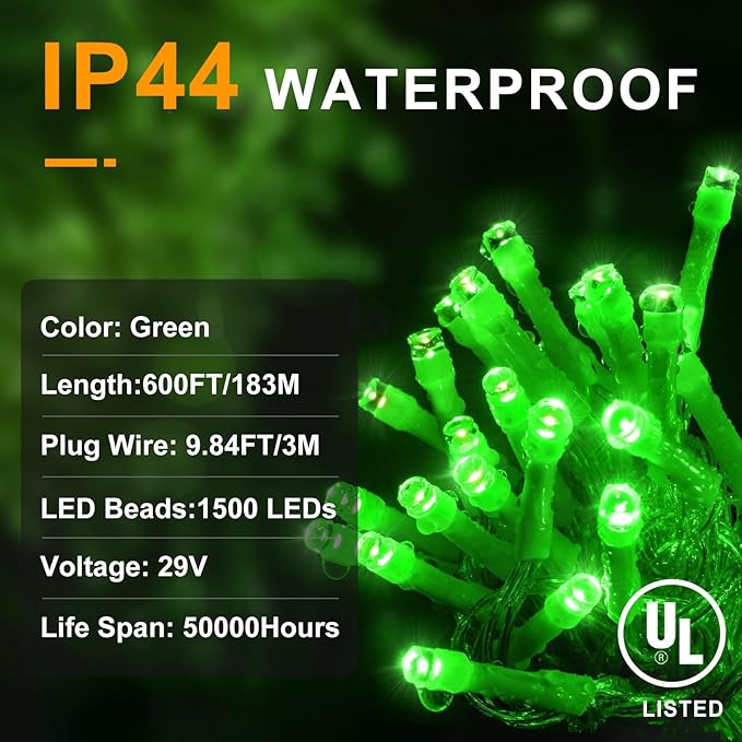 KNONEW 600ft 1500 LED String Lights Outdoor Christmas Lights 8 Modes & Timer Fairy Light Plug in Waterproof LED String Lights for Xmas Yard Tree Wedding Party Holiday Decorations (Green)-VerdiqueGarden