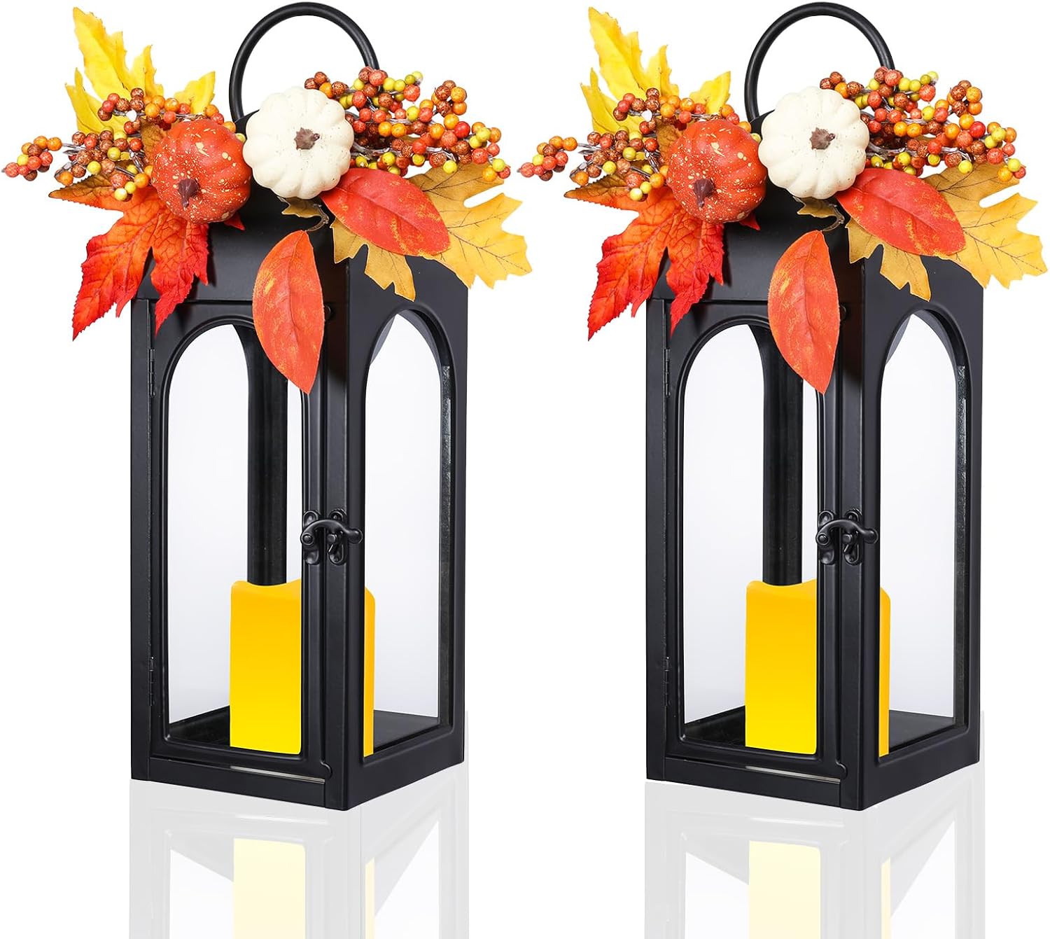Bdor 2 Pack Fall Lanterns Decor with LED Candle – 16 Inch Harvest Pumpkin Maple Leaf Hanging Lantern for Autumn Thanksgiving Table Centerpiece Indoor Outdoor Decoration, Battery Operated-VerdiqueGarden