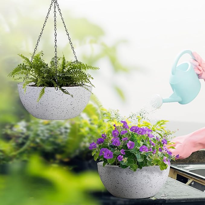 10 inch Hanging Planters for Outdoor Indoor Plants with Drainage Holes and Chain, 2 Pack Round Hanging Flower Plant Pots for Garden Home Porch Decor, Speckled White-VerdiqueGarden