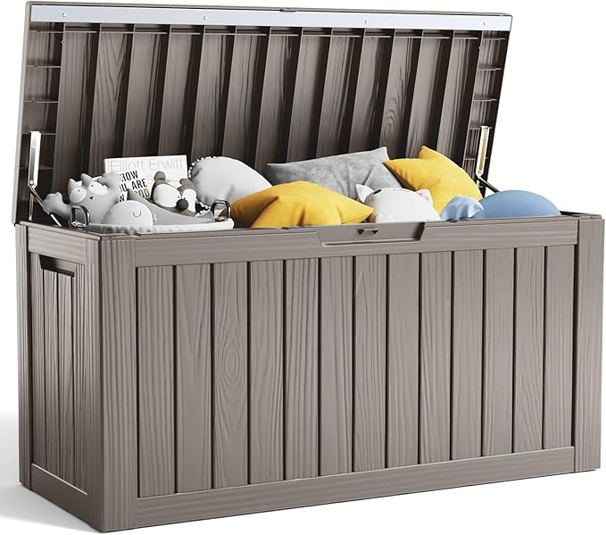 80 Gallon Resin Deck Box, Lockable Patio Outdoor Storage Box for Furniture, Garden Tools and Tools Storage, Waterproof Outside Storage Boxes - Grey-VerdiqueGarden