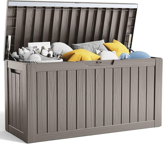 80 Gallon Resin Deck Box, Lockable Patio Outdoor Storage Box for Furniture, Garden Tools and Tools Storage, Waterproof Outside Storage Boxes - Grey-VerdiqueGarden