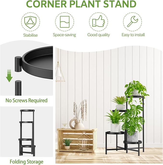 iDavosic.ly 4 Tier Large Plant Stand Indoor with 10 Inch Wide Tray, Tiered Corner Metal Outdoor Flower Display Holder Shelf, Folding Tall Rack for Patio Porch Living Room, Modern Black-VerdiqueGarden