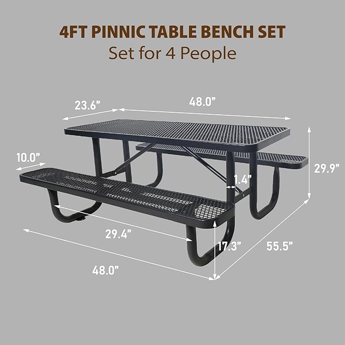 4FT Metal Picnic Tables for Outdoors, Commercial Rectangular Picnic Table and Bench Set for Outside, Patio, Garden, Backyard, Porch, Surface Mount, Black-VerdiqueGarden