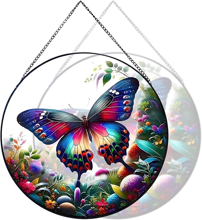 RIVEENY Butterfly Stained Glass Window Hangings, 8" Monarch Butterfly Hanging Stained Glass for Windows, Sun Catcher Garden Hangings Christmas Mother's Day, Valentine's Day Ornaments Festival Gift-VerdiqueGarden