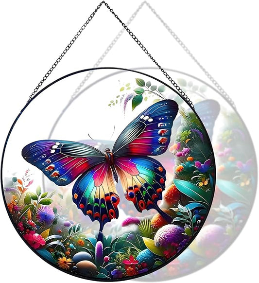 RIVEENY Butterfly Stained Glass Window Hangings, 8" Monarch Butterfly Hanging Stained Glass for Windows, Sun Catcher Garden Hangings Christmas Mother's Day, Valentine's Day Ornaments Festival Gift-VerdiqueGarden