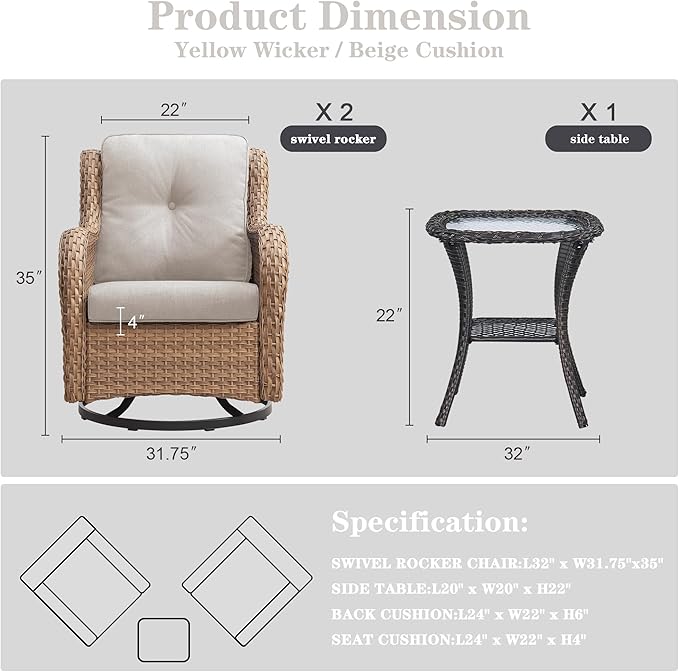 Outdoor Swivel Rocker Patio Chairs - 360 Degree Swivel Glider Seating 350LBS Weight Capacity 3 Piece Wicker Rocking Chairs Set with Side Table for Porch Balcony Deck, Yellow/Beige-VerdiqueGarden