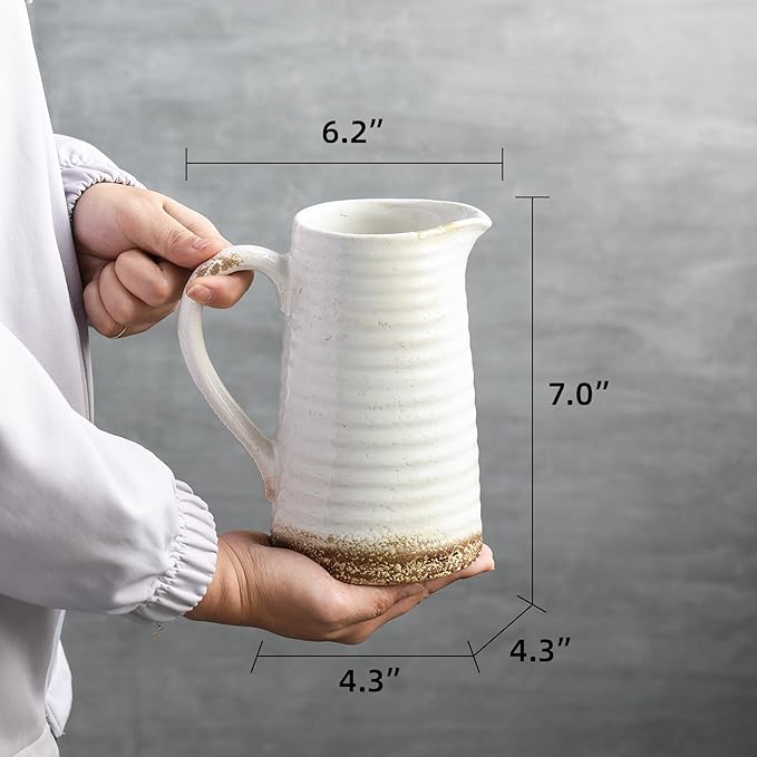 Quoowiit Ceramic Rustic Vase with Handle, White Distressed Decorative Farmhouse Pitcher Vase for Home Decor Living Room Bedroom Kitchen Office Shelf Decor Centerpiece Table Decoration-VerdiqueGarden