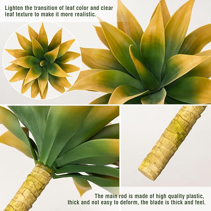 Artificial Agave Plants,Large UV Resistant Fake Agave Planters for Indoor and Outdoor Decorating Tropical Plant Succulents Greenery Indoor Decor (2Pack,18" Yellow)-VerdiqueGarden