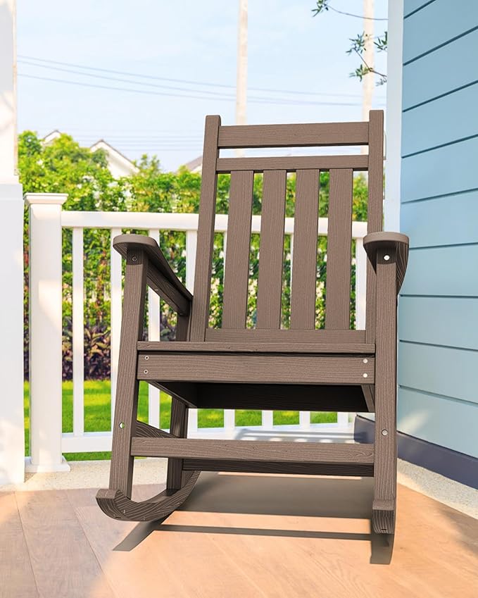 SERWALL Outdoor Rocking Chair Set of 2, HDPE Rocking Chairs for Adult, All Weather Porch Rockers for Lawn Garden, Coffee-VerdiqueGarden