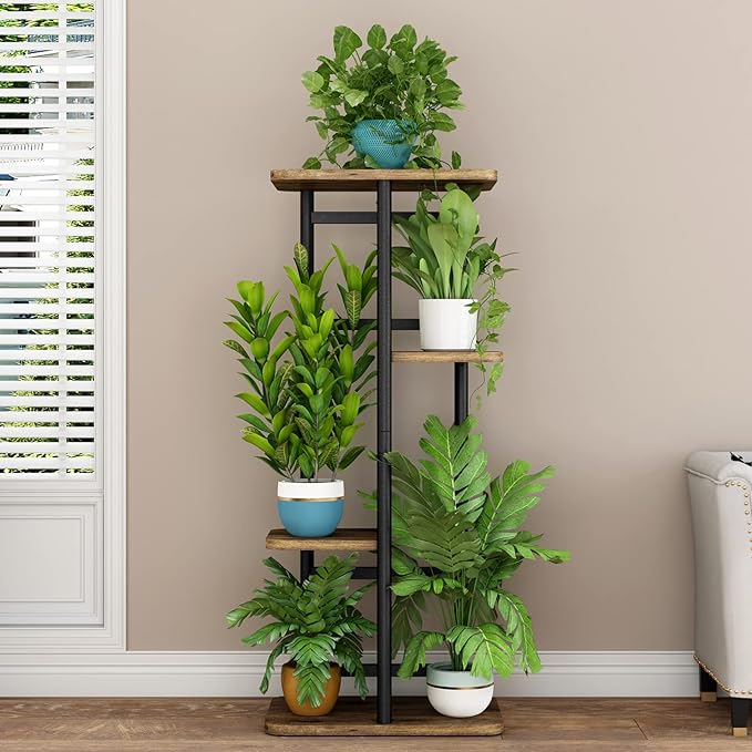 LINZINAR Plant Stand 4 Tier 5 Potted Indoor Plant Shelf Multiple Stands for Garden Corner Balcony Living Room (4 Tier 5 Potted, Black)-VerdiqueGarden