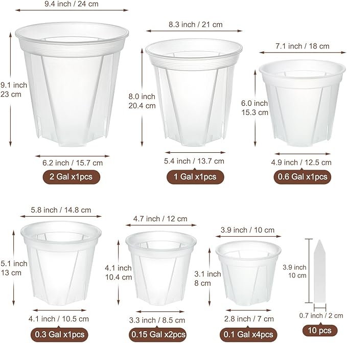 3.9-9.4 Inch Big Size Clear Nursery Pots with Drainage, 6 Sizes 10 Packs Nursery Garden Pots with 10 Plant Labels for Seedling Plants, Nursery Pots Variety for Indoor Outdoor Seed Starter Flower Pots-VerdiqueGarden