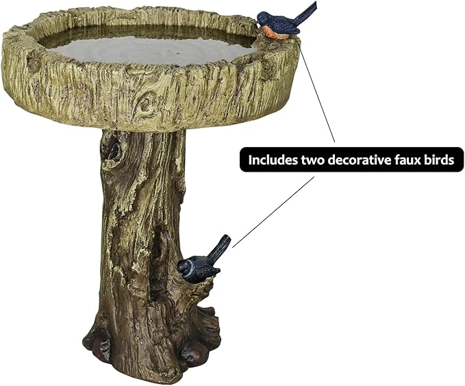 SunJet 24.4 Inch Heigh Wood-Look Concrete Bird Bath with Decorative Faux Bird – birdbath Rustic & Long-Lasting Design, Enhances Garden, Patio, Yard, Lawn Décor-VerdiqueGarden