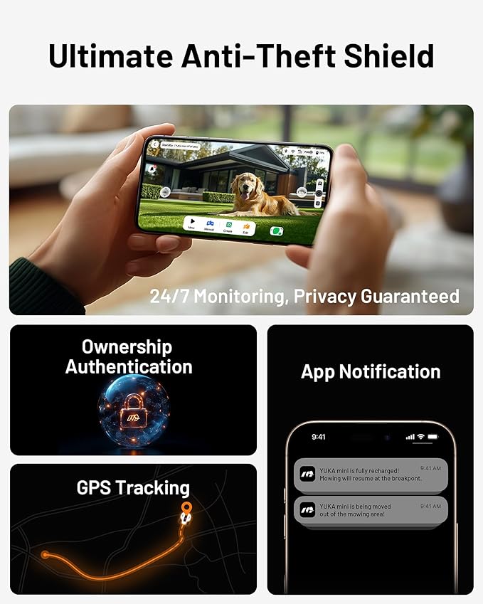 YUKA Mini 500 Robotic Lawn Mower for 0.12 Acre,Ultrasense AI Vision+ RTK Positioning, Auto Mapping, App Control,50% Slope,Perimeter Wire Free, 15 Mowing Zones Management-VerdiqueGarden