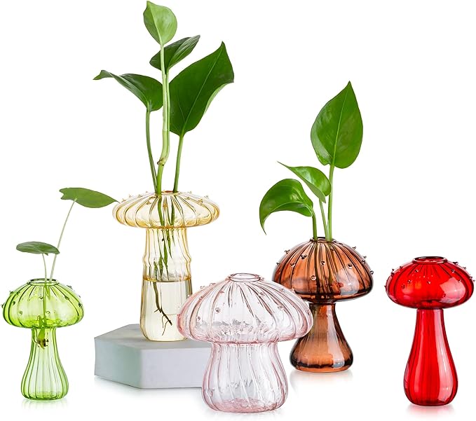 Glasseam Mushroom Glass Planter, Set of 5 Colored Plant Propagation Station, Mini Terrarium for Plants, Unique Small Glass Vase for Flowers, Cute Hydroponic Indoor Planters Gifts for Women Room Decor-VerdiqueGarden