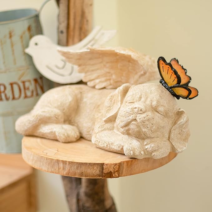 WONDER GARDEN Sleeping Dog Angel Statue with Solar Light - Pet Memorial Stone, in Memory of Dog, Marker Tribute Statues, Resin Guardian Angels, Bereavement Gift-VerdiqueGarden