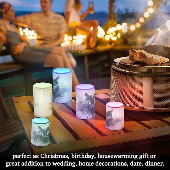 Flickering Flameless Candles, Black Cat Print LED Candles with Remote Timer, Set of 2 Battery Operated Candle for Valentine Wedding Birthday-VerdiqueGarden