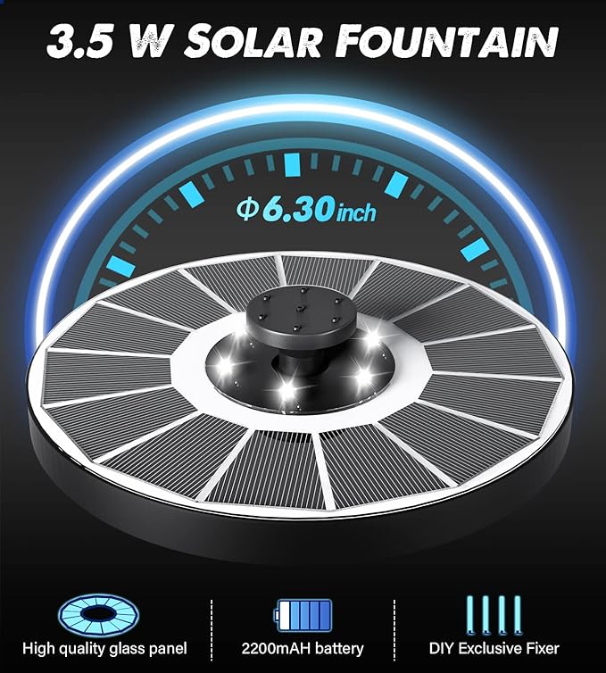 Solar Fountain Glass Panel with 2200 mah Battery, 3.5W Floating Solar Water Fountain with 4 Fixed Rods, Solar Fountain Pump for Bird Bath, Garden, Pond, Pool, Outdoor-White Lights-VerdiqueGarden