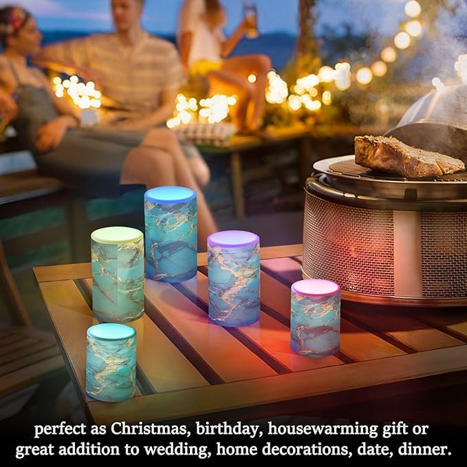 Flickering Flameless Candles, Turquoise Golden Marble LED Candles with Remote Timer, Set of 2 Battery Operated Candle for Valentine Wedding Birthday-VerdiqueGarden