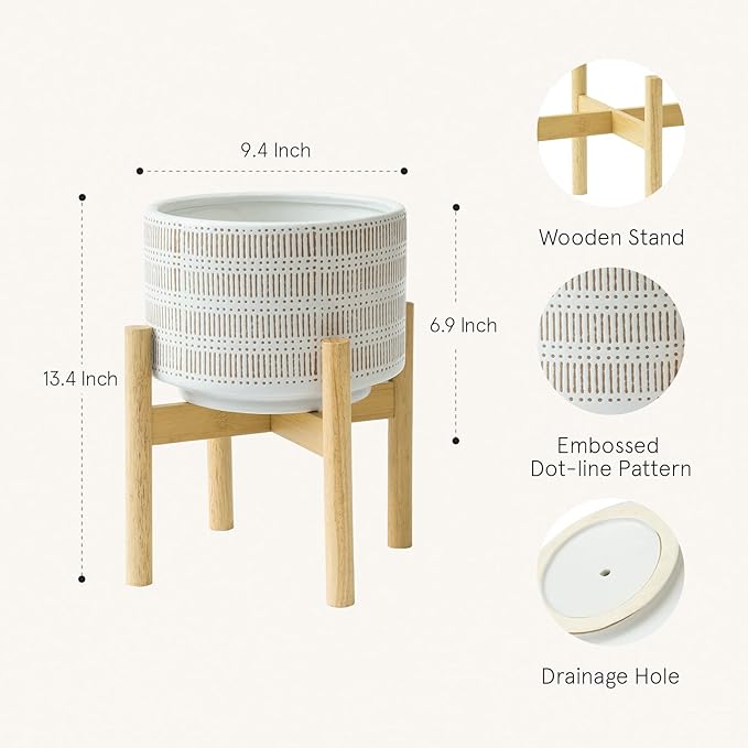 LA JOLIE MUSE Ceramic Plant Pot with Wood Stand - 9.4 Inch Modern Round Decorative Flower Pot Indoor with Wood Planter Holder, Beige & White-VerdiqueGarden