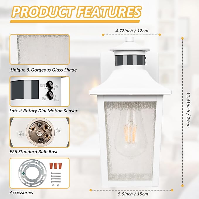 White Motion Sensor Outdoor Wall Light 2 Packs, Dusk to Dawn Outdoor Wall Lighting, Waterproof Exterior Light Fixture, Modern Porch Light Outside Wall Mount for House Patio Garage, Anti-Rust-VerdiqueGarden