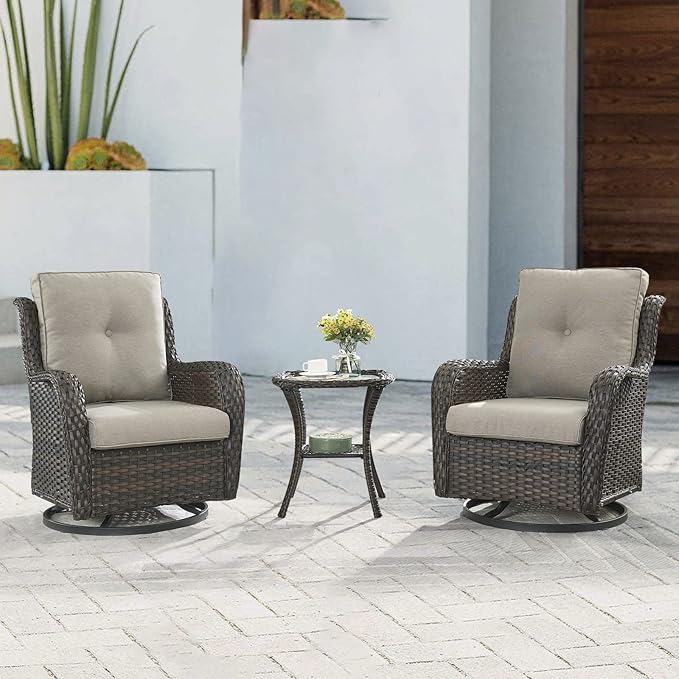 Outdoor Patio Swivel Rocker Chairs - 3 Piece Patio Bistro Set,Wicker Patio Furniture Set with 2 Swivel Rocking Chairs and 1 Glass Top Side Table for Deck Porch Garden,rown/Grey-VerdiqueGarden