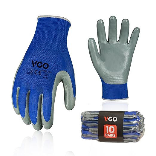 Vgo 10-Pairs Safety Work Gloves, Gardening Gloves, Non-slip Nitrile coating, Dipping Gloves (Size S, Blue, NT2110)-VerdiqueGarden
