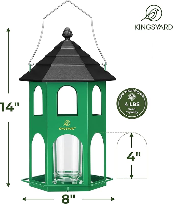 Kingsyard Metal Bird Feeder for Outdoor Hanging, Wild Bird Feeders with Circular Perch, Easy to Clean & Refill, 4 lbs Large Seed Capacity, Green-VerdiqueGarden