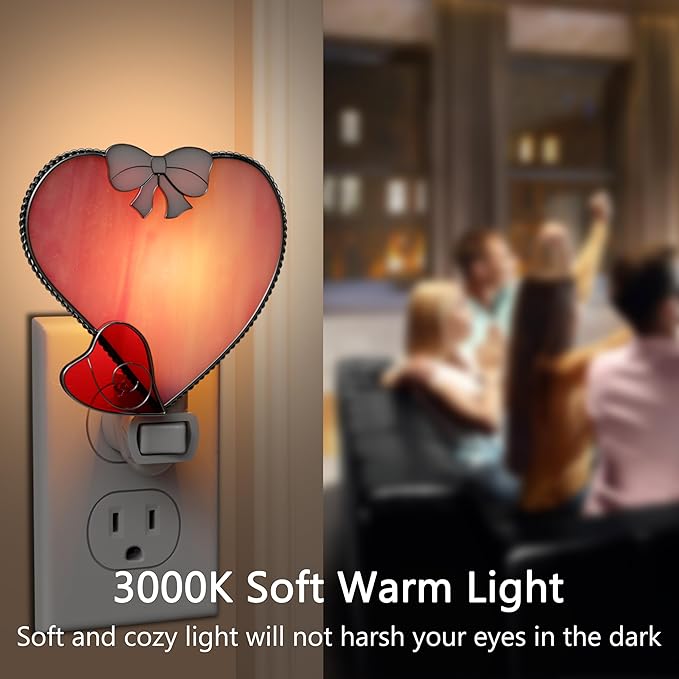 KY&BOSAM Plug in Pink Heart Night Light Stained Glass Nightlight Decorative Wall Night lights with On/Off Switch Come with 7 Watt Bulb Mother`s Christmas Valentine`s Holiday Spring & Winter Home Decor-VerdiqueGarden