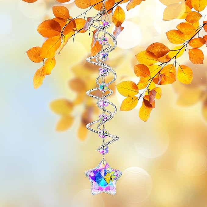 H&D HYALINE & DORA 21inch Crystal Suncatcher for Window Hanging Double-Spiral Design Gazing Ball Spiral Tail Wind Spinners Sun Catchers Rainbow Maker Indoor Outdoor Christmas Decoration-VerdiqueGarden