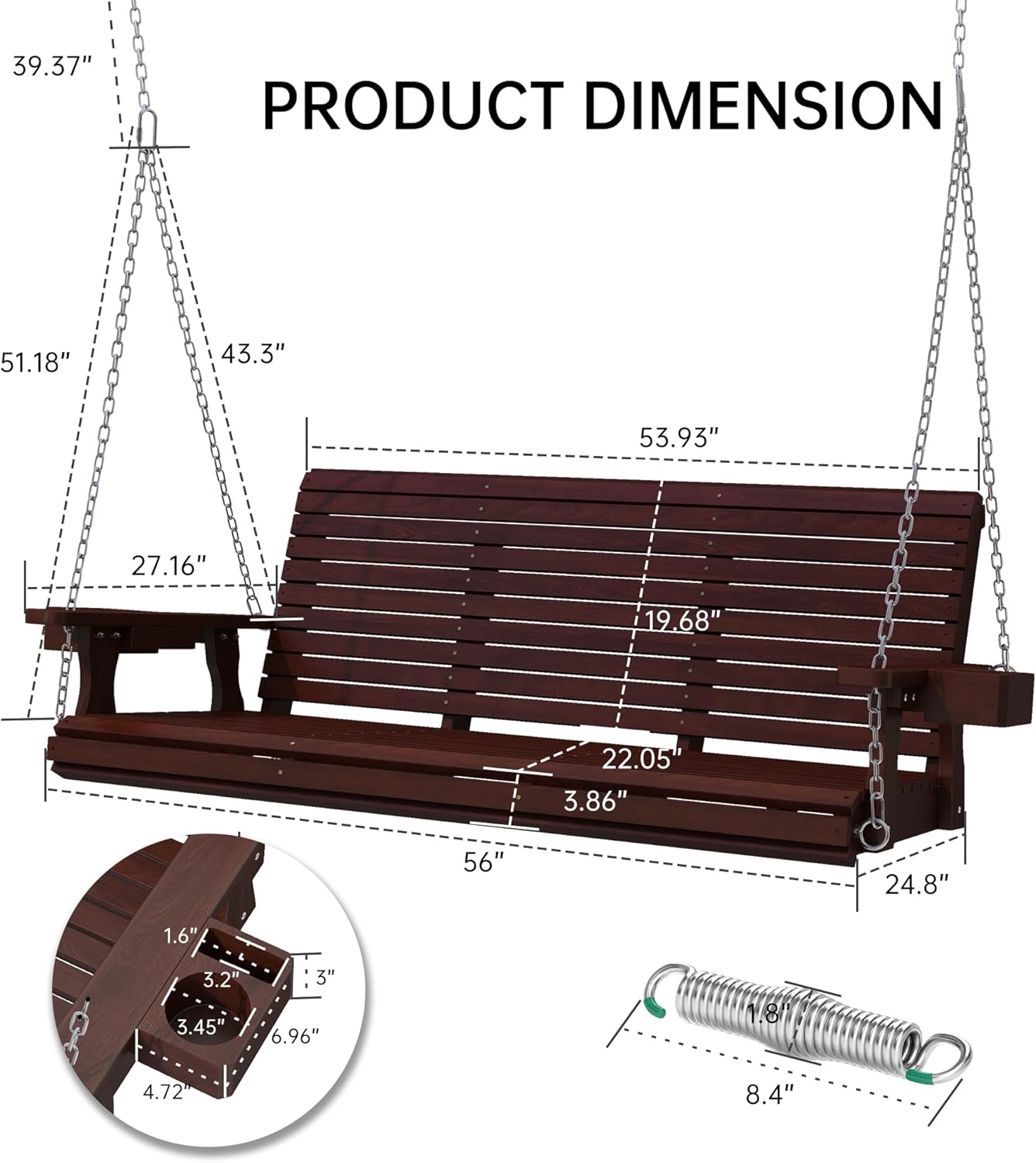 Wooden Outdoor Porch Swing, 3 Seater Front Porch Swing with Upgraded 22" Deep Seat, Heavy Duty 880 Lbs Swing Bench Chair for for Patio, Backyard, Garden (Brown, 5 Foot)-VerdiqueGarden