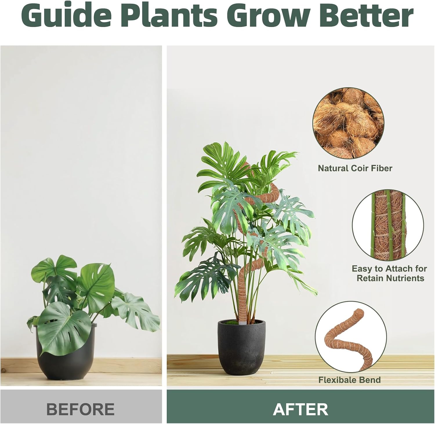 3 Pack Moss Pole, 30 Inch Monstera Plant Support， Moss Poles for Climbing Plants Indoor DIY, Coco Coir Plant Pole Moss Plant Stick Support Stake Kit for Potted Plants, Pothos, Philodendron-VerdiqueGarden