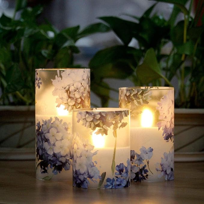 Floral Flameless Candles Decorative Battery Operated with Remote Hydrangea Flowers Romantic Lovers Flickering Pillar Candles for Wedding Tray Centerpiece Home Decor-VerdiqueGarden