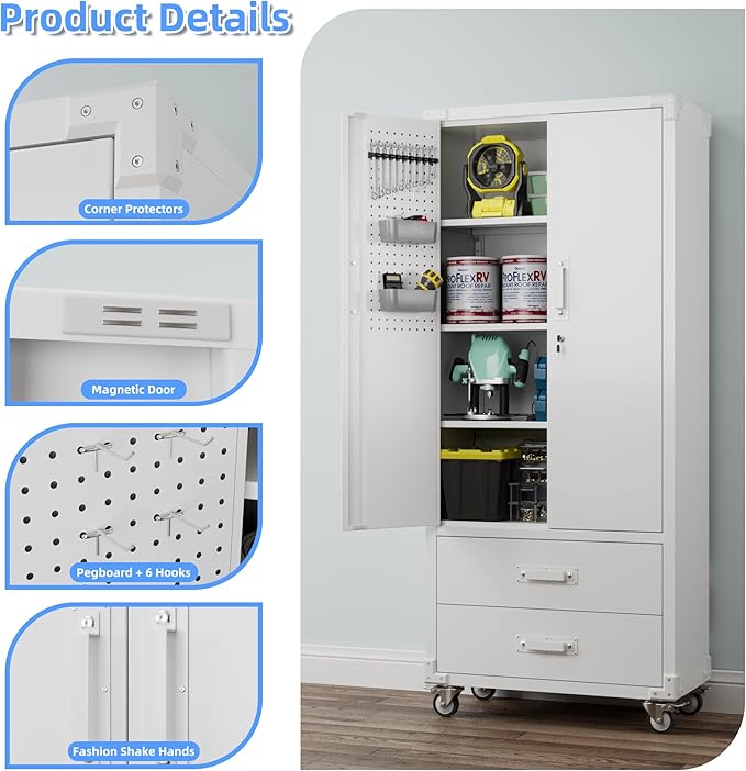 Upgraded Metal Garage Storage Cabinet with Wheels and 2 Drawers, Rolling Tool Cabinet with 3 Shelves and Pegboard Behind The Door for Home Office Garage,Assembly Required,White-VerdiqueGarden