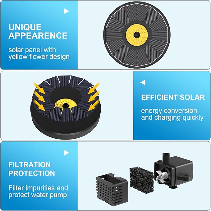 Solar Bird Bath Fountains,3.5W Glass Panel Solar Fountain Pump for Bird Bath No Battery,Solar Water Fountain Outdoor With 4 Fixed Pipes 7 Nozzles(Black)-VerdiqueGarden