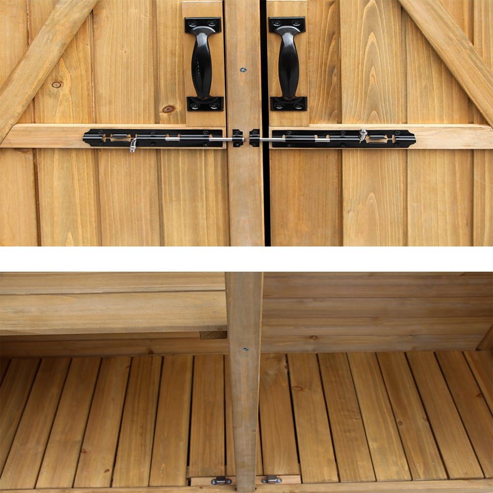 Outvita Outdoor Storage Cabinet with Waterproof Roof, Double Lockable Doors Garden Shed with 2 Removable Shelves, Wooden Storage Shed with Large Storage Space for Yard Garge Patio Deck Porch（Natural）-VerdiqueGarden