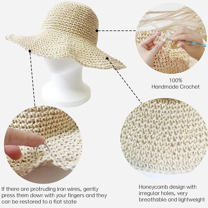 Womens Straw Beach Sun Hats, Foldable Packable Floppy Handmade Crochet Hats for Women,Large Summer Vacation Wide Brim Hat-VerdiqueGarden