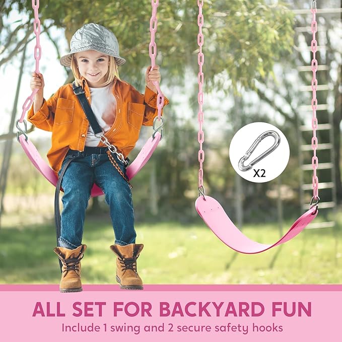 TURFEE Heavy Duty Swing Seat Pink Color with 66” Chain, Swing Set Accessories Replacement with Snap Hooks for Kids Outdoor Play Playground-VerdiqueGarden