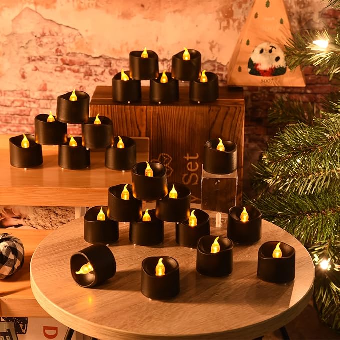 JOSU Flameless Candles Halloween Decorations, 24PCS Tea Lights Candles Battery Operated, Realistic Votive Tealights with Warm Light for Christmas Decors Outdoor(Black)-VerdiqueGarden