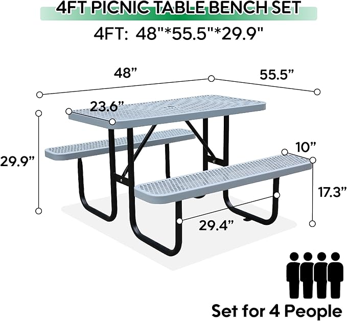 4FT Metal Picnic Tables for Outdoors, Commercial Rectangular Picnic Table and Bench Set for Outside, Patio, Garden, Backyard, Porch, Surface Mount, Grey-VerdiqueGarden