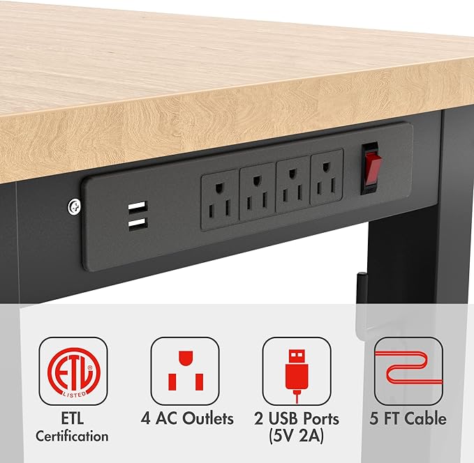 WORKPRO 48" Adjustable Workbench, Rubber Wood Top Heavy-Duty Workstation, 2000 LBS Load Capacity Hardwood Worktable with Power Outlets, for Workshop, Garage-VerdiqueGarden