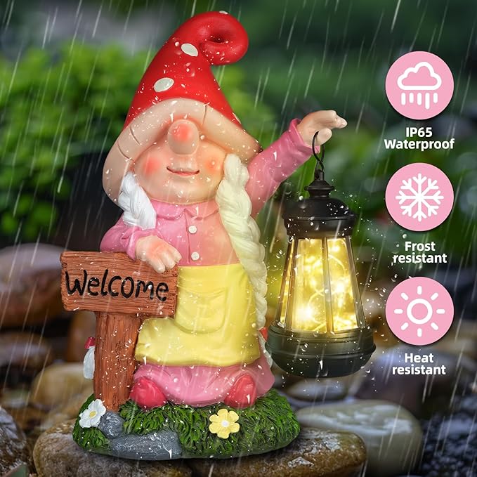 Solar Garden Gnome Statue Holding LED Lantern with Welcome Sign Outdoor Ornaments Waterproof Christmas Decoration for Outside Patio Yard Lawn Decor (Pink)-VerdiqueGarden