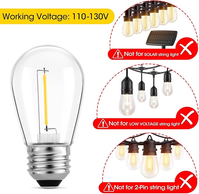 Meconard Outdoor Patio String Light Bulbs, Shatterproof Waterproof S14 LED Replacement Bulbs for Outdoor String Lights, 1W LED Bulbs Equal to 11W Incandescent, 2200K Warm White, E26 Base, Non-Dimmable-VerdiqueGarden