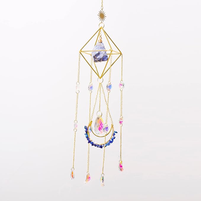 Crystal Suncatcher Lapis Lazuli, Blue Sun Catcher Hanging Decor, Blue Lazurite Crystal Window Hanging, Gemstone Prism, Boho Chic Decor, Raw Natural Stone (Lazurite)-VerdiqueGarden