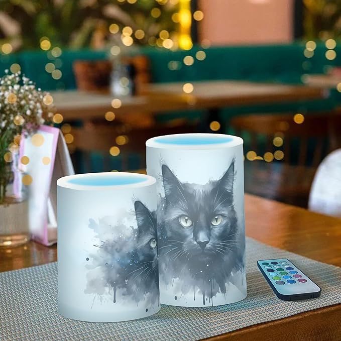 Flickering Flameless Candles, Black Cat Print LED Candles with Remote Timer, Set of 2 Battery Operated Candle for Valentine Wedding Birthday-VerdiqueGarden
