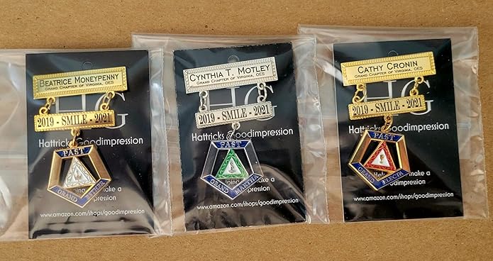 OES Eastern Star Engraved Jewel Nickel or 24K Gold Plated Brooch with choice of charm dangle