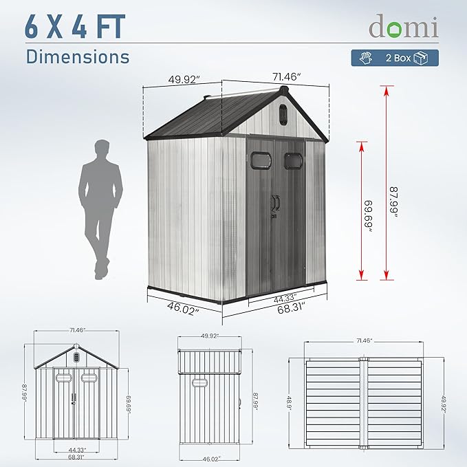 Domi 6x4 FT Outdoor Resin Storage Shed, All-Weather Double-Wall Storage Building for Backyard, Garden, Lawn Tools, Mower, Bike & Pool Equipment, Lockable Doors, Ventilated Roof, Grey-VerdiqueGarden