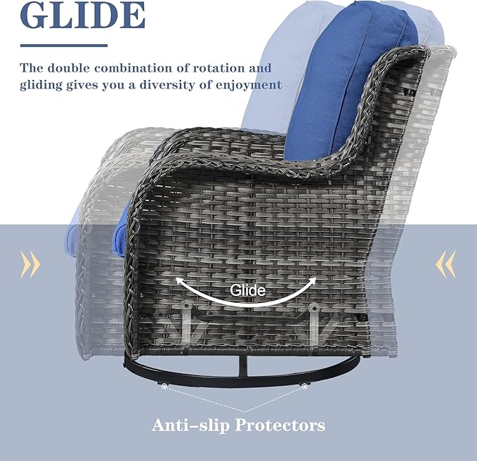 Wicker Patio Furniture Sets - 8 Piece Rattan Outdoor Furniture Conversation Sets with 4 Swivel Rocker Chairs, Rattan Sofa, Wicker Ottomans and Coffee Table, Mixed Grey/Blue-VerdiqueGarden